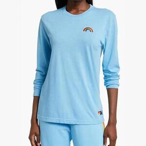 Aviator Nation Rainbow Embroidery Long Sleeve Tee in Sky Size XS